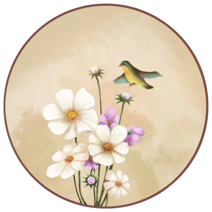 清新小花朵格桑花复古花鸟国画中,免抠元素