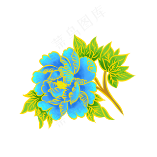 国潮湖蓝色牡丹素材