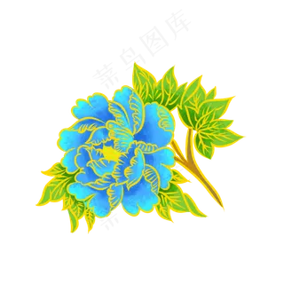 国潮湖蓝色牡丹素材