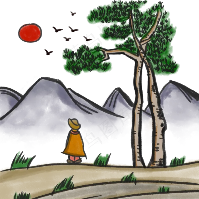 中国风山水画手绘水墨画夕阳人物(2000X2000(DPI:300))psd模版下载