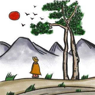 中国风山水画手绘水墨画夕阳人物