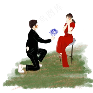 在草地上求婚的小情侣