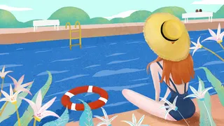 泳池旁戴草帽的泳装长发少女