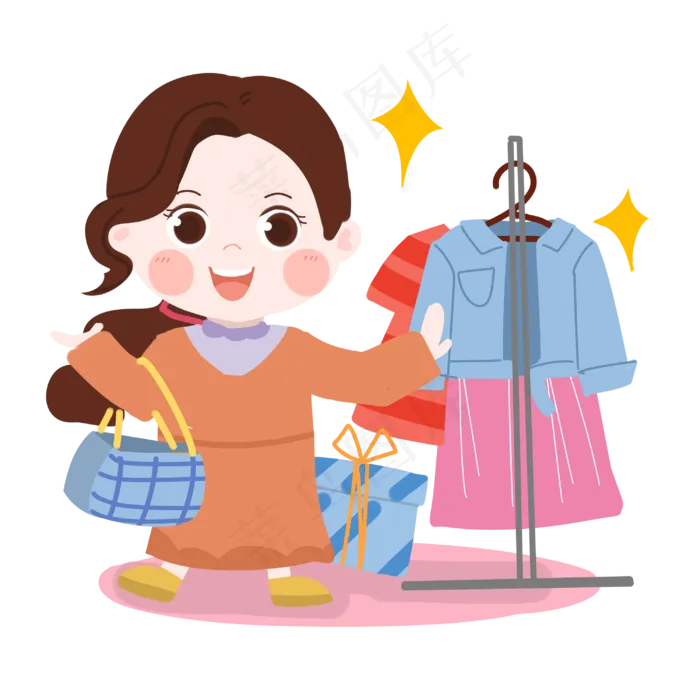 三八妇女节卡通女生买衣服PNG素材,免抠元素
