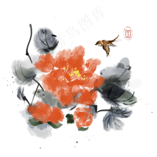 水墨花鸟鲜花素材,免抠元素