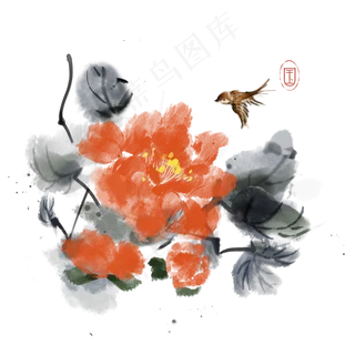 水墨花鸟鲜花素材,免抠元素