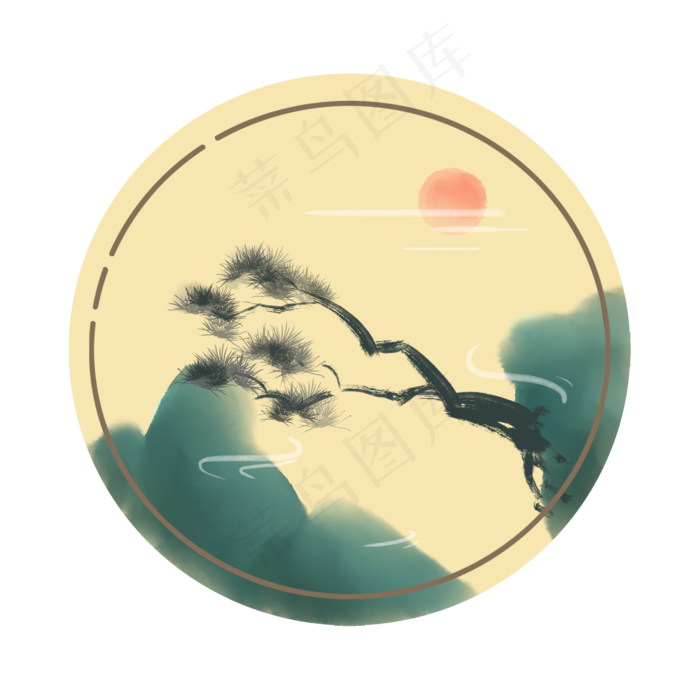 水墨山水画青山翠松手绘免扣