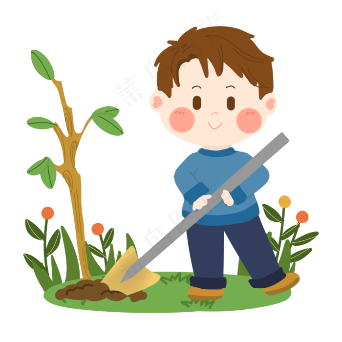 植树节卡通男孩铲土PNG素材,免抠元素