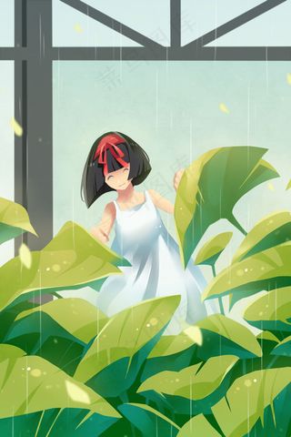 雨中的荷叶与女孩