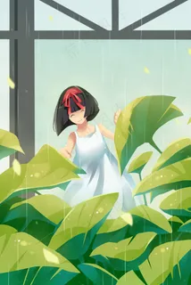 雨中的荷叶与女孩 雨中的荷叶与女孩