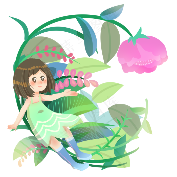 春分人物和粉色的小花,免抠元素