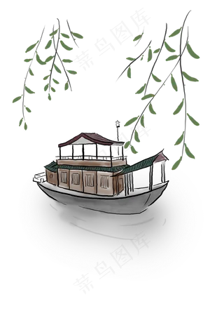 中国水墨古风船只,免抠元素