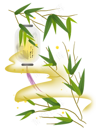 中元节竹叶下的古风灯笼,免抠元素