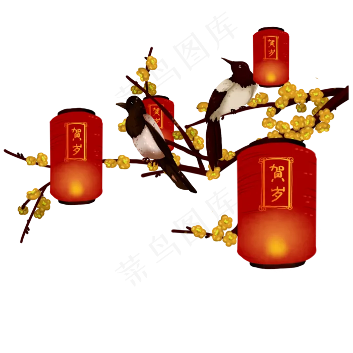 喜上眉梢黄梅花喜鹊花灯免抠元素(2000X2000(DPI:300))psd模版下载