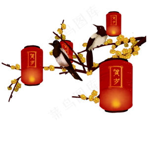喜上眉梢黄梅花喜鹊花灯免抠元素