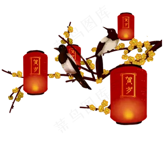 喜上眉梢黄梅花喜鹊花灯免抠元素