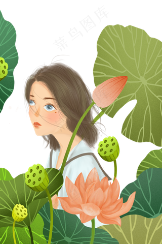 水生植物荷花荷叶莲心女孩