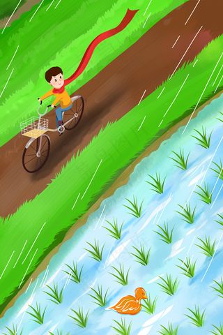 绿色系漫画风谷雨清明骑自行车配图