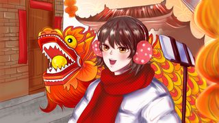 新年迎新春舞龙自拍的孩子