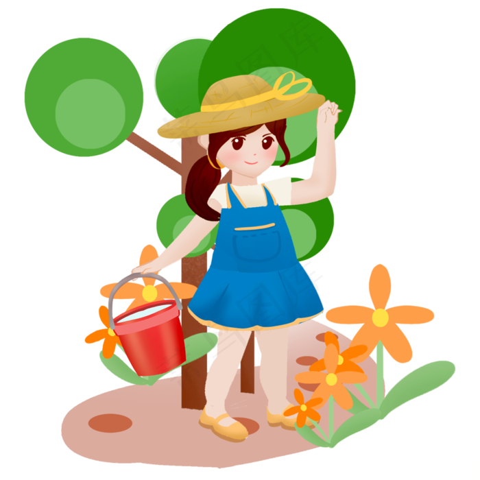 植树节小女孩给树浇水手绘插画