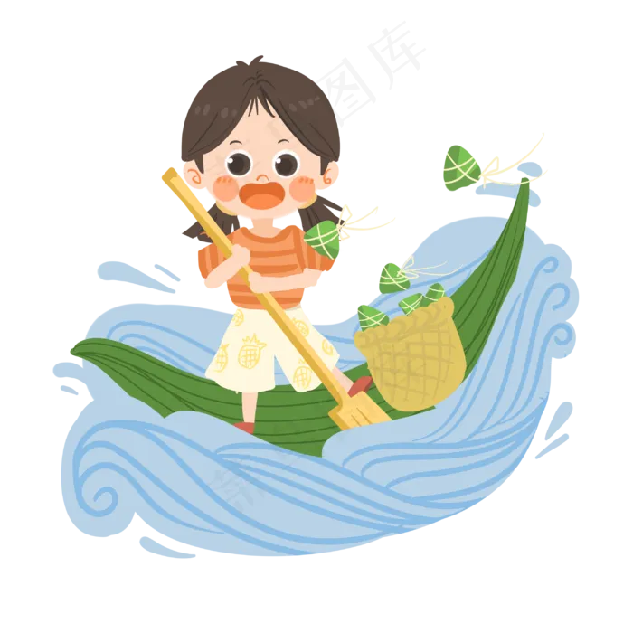 卡通女孩端午节划龙舟PNG素材(2999X2999(DPI:300))psd模版下载