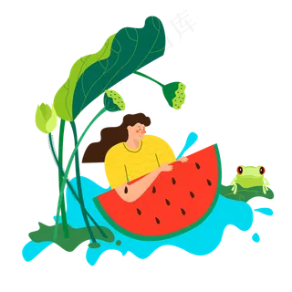 扁平大暑节气吃西瓜的女孩