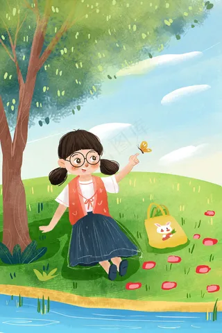 春天小女孩踏青感受春天小清新竖图