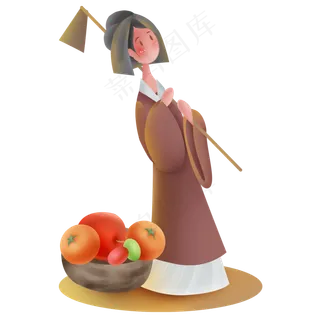 中国风丰收水果和古代农妇
