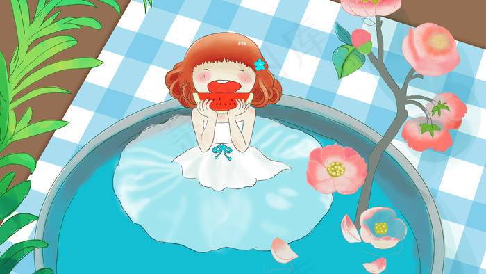 蓝色绿色小清新夏天小女孩吃西瓜海报