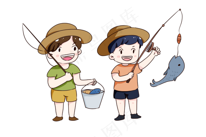 手绘卡通处暑捕鱼