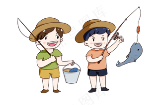 手绘卡通处暑捕鱼