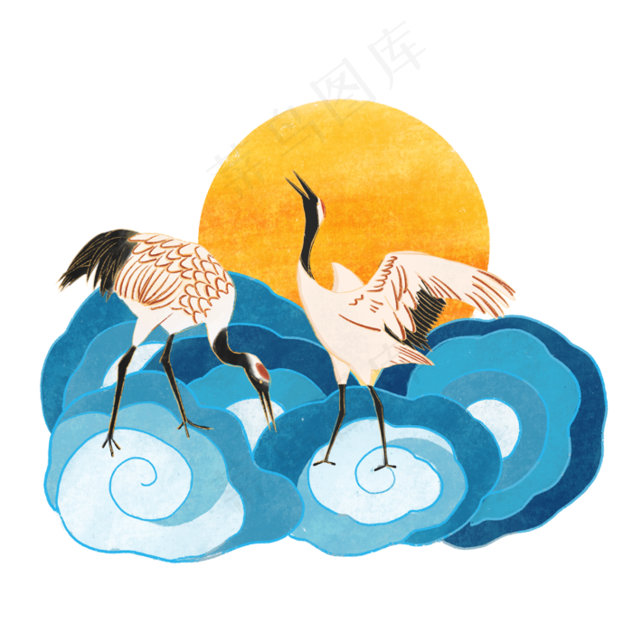 仙鹤丹顶鹤中国风明月青云装饰,免抠元素