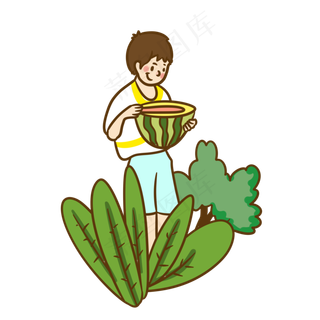 夏日吃西瓜可爱男生