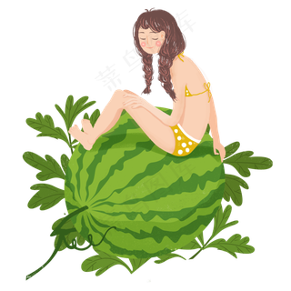 大暑乘凉西瓜女孩png素材