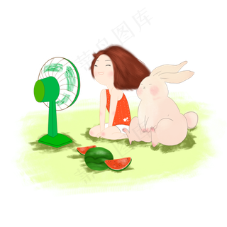 大暑小暑夏天风扇西瓜小女孩动物
