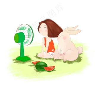 大暑小暑夏天风扇西瓜小女孩动物
