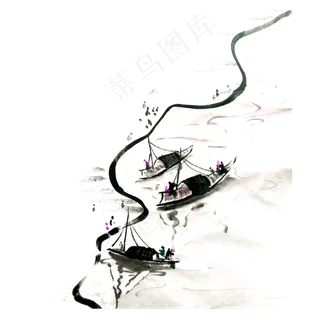 中国山水简约线条江边船只PNG东方,免抠元素