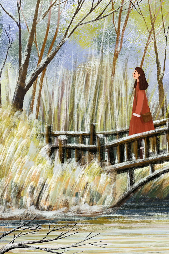 立冬节气森林中的桥风景油画