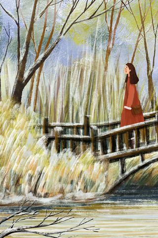 立冬节气森林中的桥风景油画