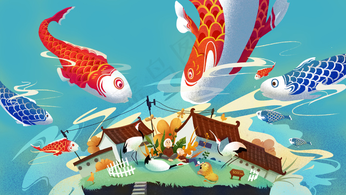 重阳节老人与动物治愈系清新中国风插图