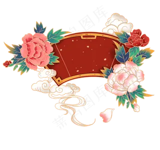 国潮线描扇形牡丹装饰插图,免抠元素