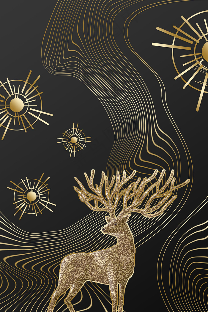 新中式麋鹿黑金抽象装饰画