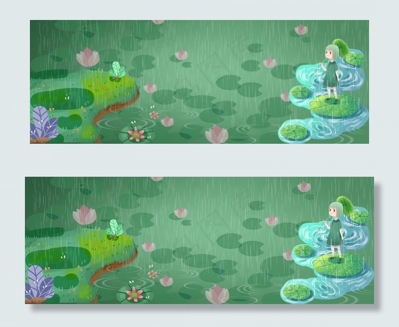 夏天雨中的荷花池(1920*700px 	       )psd模版下载