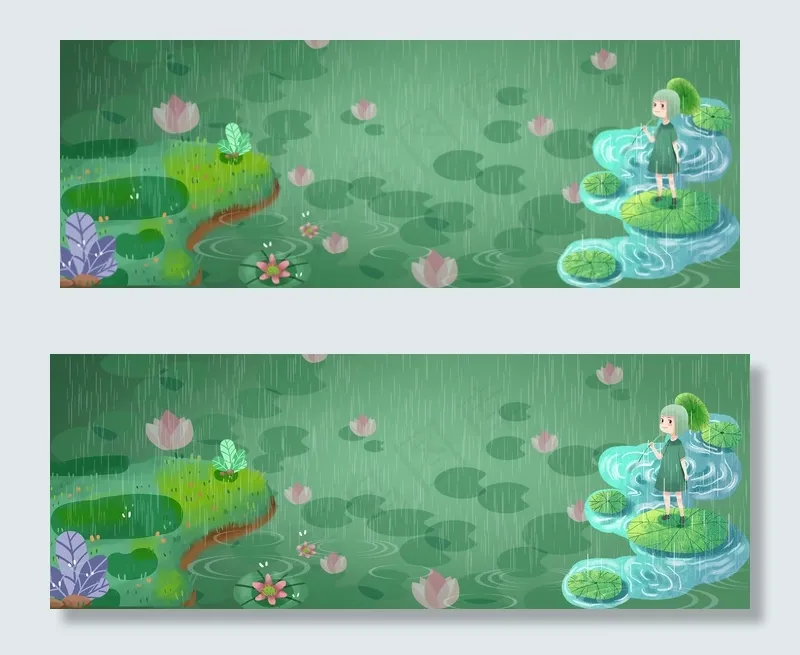 夏天雨中的荷花池(1920*700px 	       )psd模版下载
