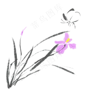 花鸟写意紫色的鲜花,免抠元素