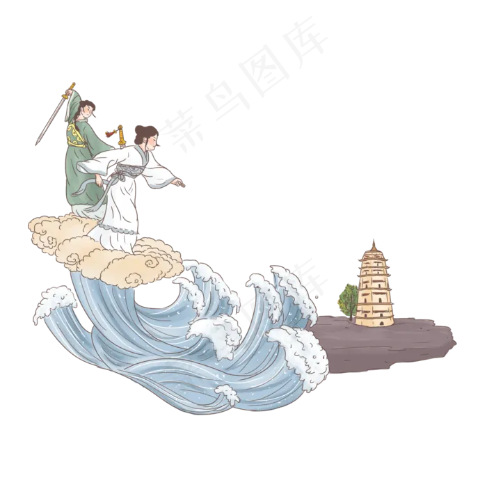 手绘中国古代神话传说白娘子水漫,免抠元素(2000*2000px 300 dpi )psd模版下载