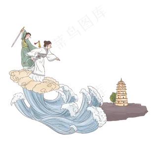 手绘中国古代神话传说白娘子水漫,免抠元素