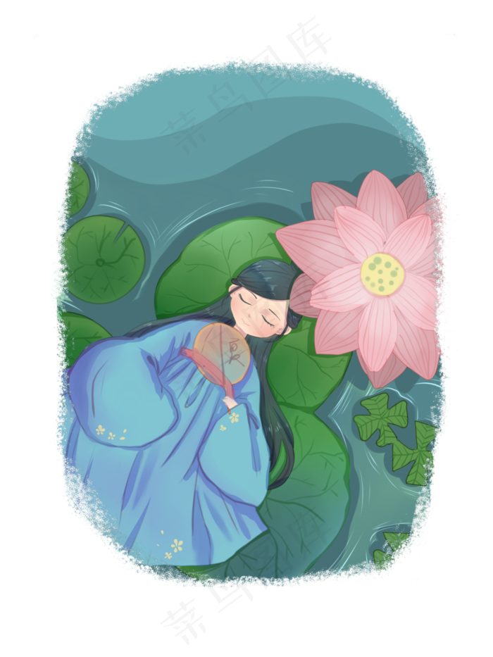 夏日少女池塘荷花乘凉