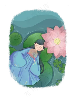 夏日少女池塘荷花乘凉