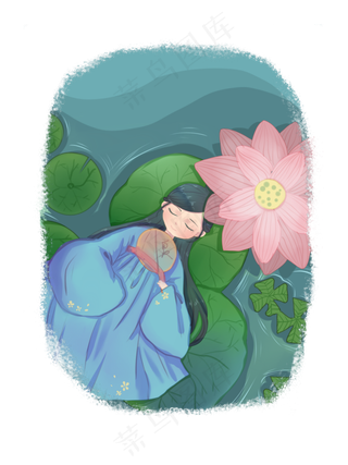 夏日少女池塘荷花乘凉